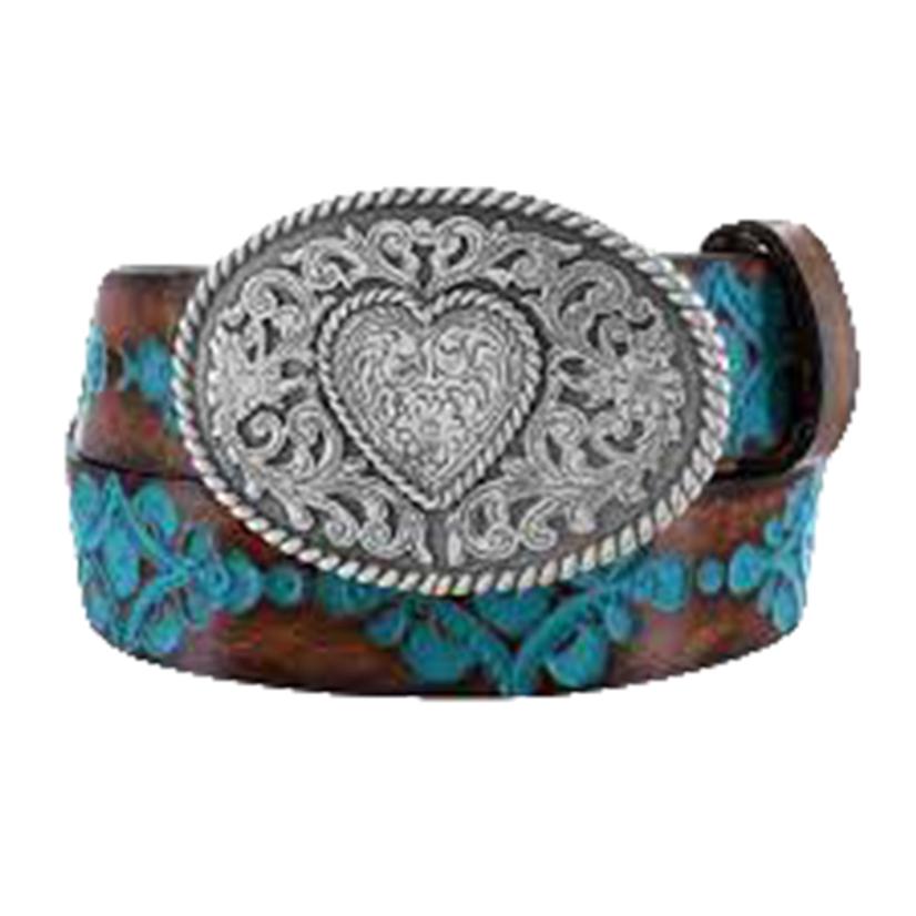  Justin Brown And Turquoise Silver Filigree Heart Buckle Youth Belt