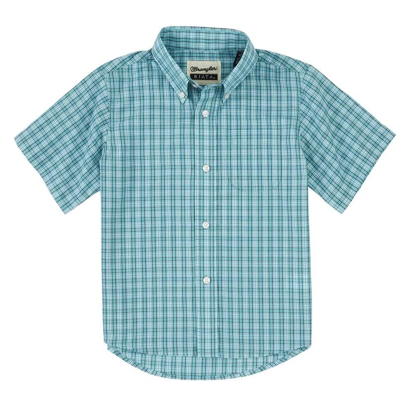 Riata Plaid Short Sleeve Buttondown Boy's Shirt - Blue or Teal by Wrangler