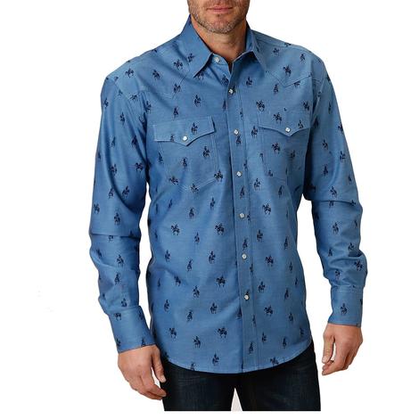 Roper Blue Horseman Print Long Sleeve Snap Men's Shirt