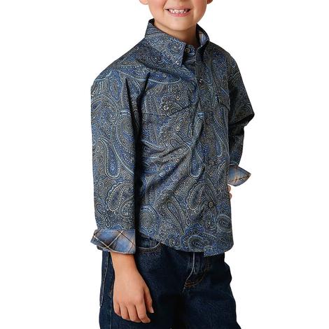 Roper Blue Storm Paisley Long Sleeve Buttondown Boy's Shirt