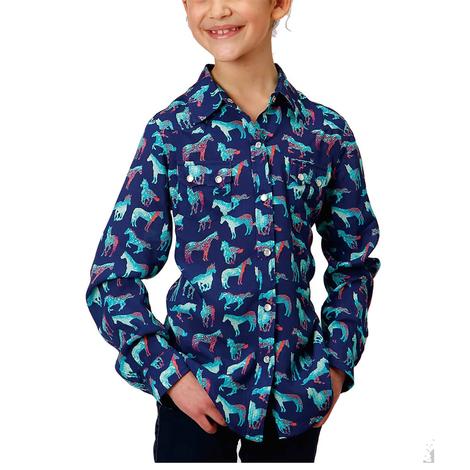 Roper Blue Wild Horse Printed Long Sleeve Snap Girl's Shirt