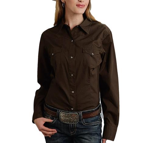 Roper Solid Chocolate Brown Poplin Long Sleeve Snap Women's Shirt