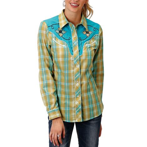 Roper Celery And Turquoise Plaid Long Sleeve Snap Women's Shirt