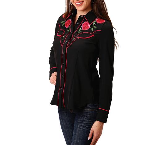 Roper Black with Red Rose Long Sleeve Snap Women's Shirt