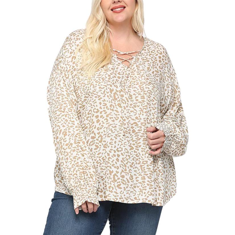  Gigio Off White Leopard Print And Front Lace Up Top With Smocking Sleeve Cuff