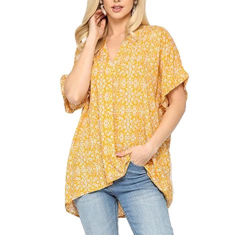 Gigio Honey Ditsy Floral Print Hi Low Hem Top with Back Tiered Ruffle Detail