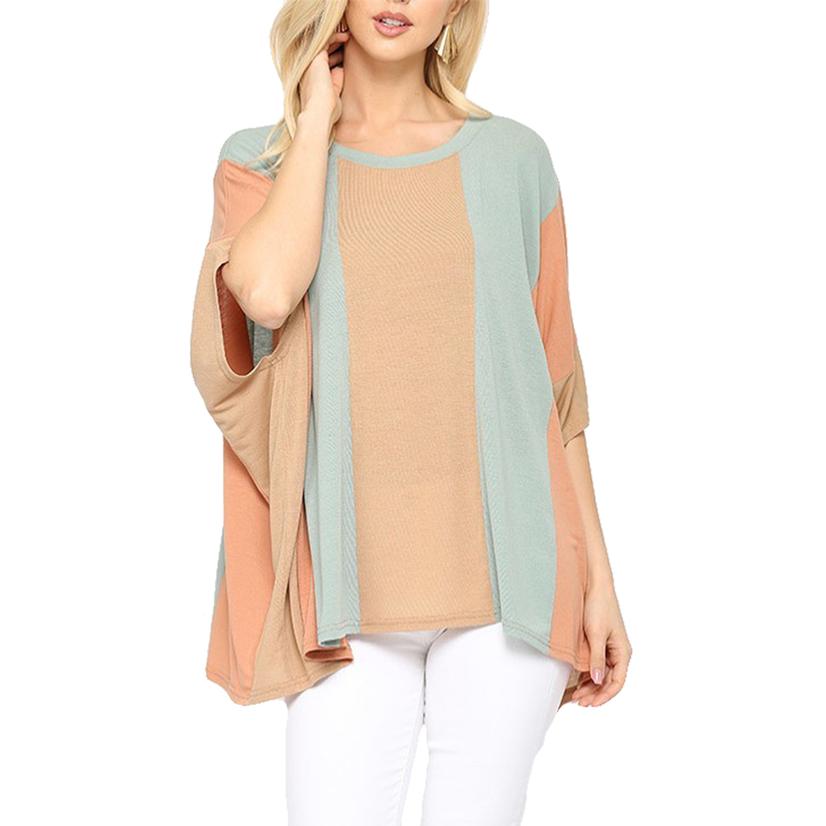  Gigio Latte And Sage Long Sleeve Block And Dolman Sleeve Loose Top