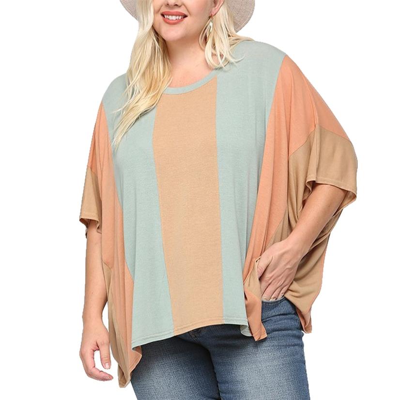  Gigio Women's Latte And Sage Color Block And Dolman Sleeve Loose Top