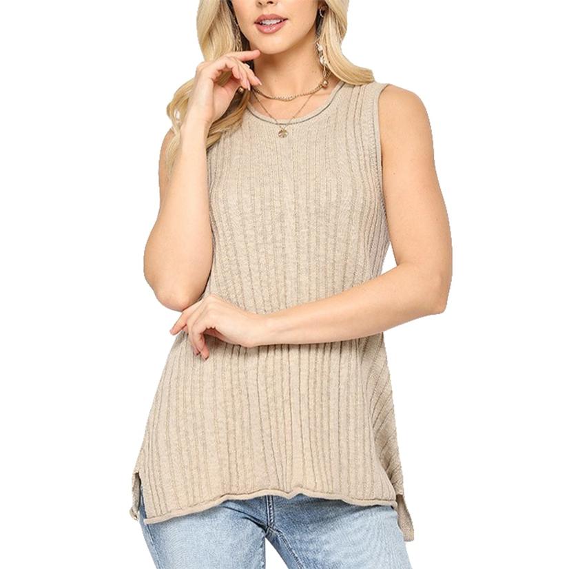  Gigio Women's Light Sand Sweater And Sleeveless A Line Top With Side Slits