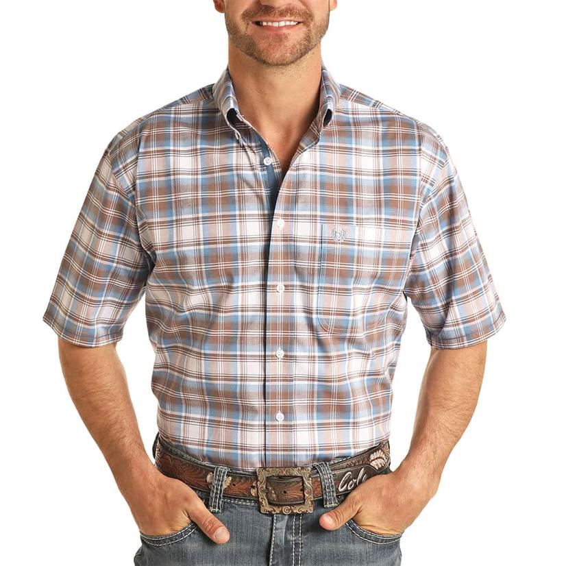  Panhandle Brown And Blue Plaid Men's Short Sleeve Shirt