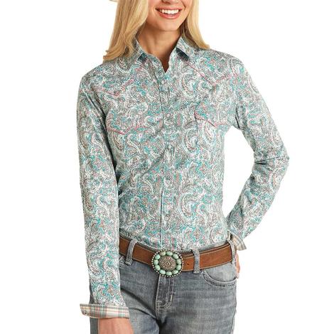 Panhandle Teal Paisley With Blanket Stitch Long Sleeve Women's Shirt