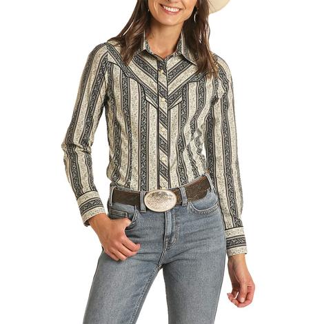 Rock & Roll Cowgirl Striped Floral Print Long Sleeve Snap Women's Shirt