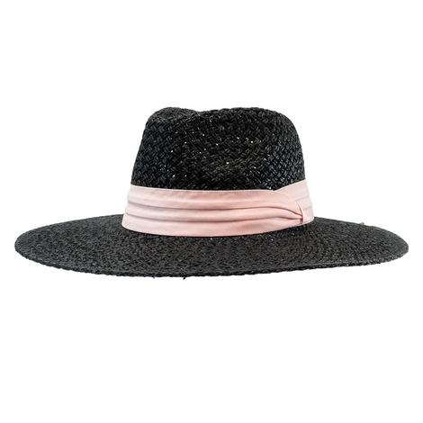 Black Woven Straw Hat with Pink Wrap Bandv
