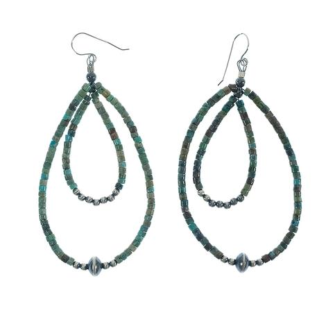 Turquoise and Silver Oxidized Bead Double Teardrop Earrings 