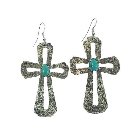 Hammered Silver Cross with Turquoise Stone Earrings