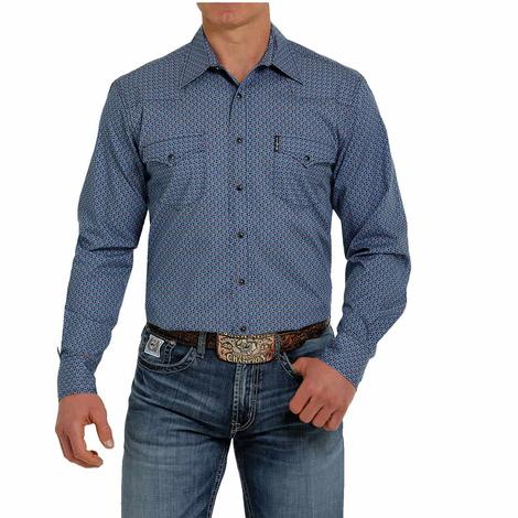 Cinch Blue Print Modern Fit Long Sleeve Snap Men's Shirt