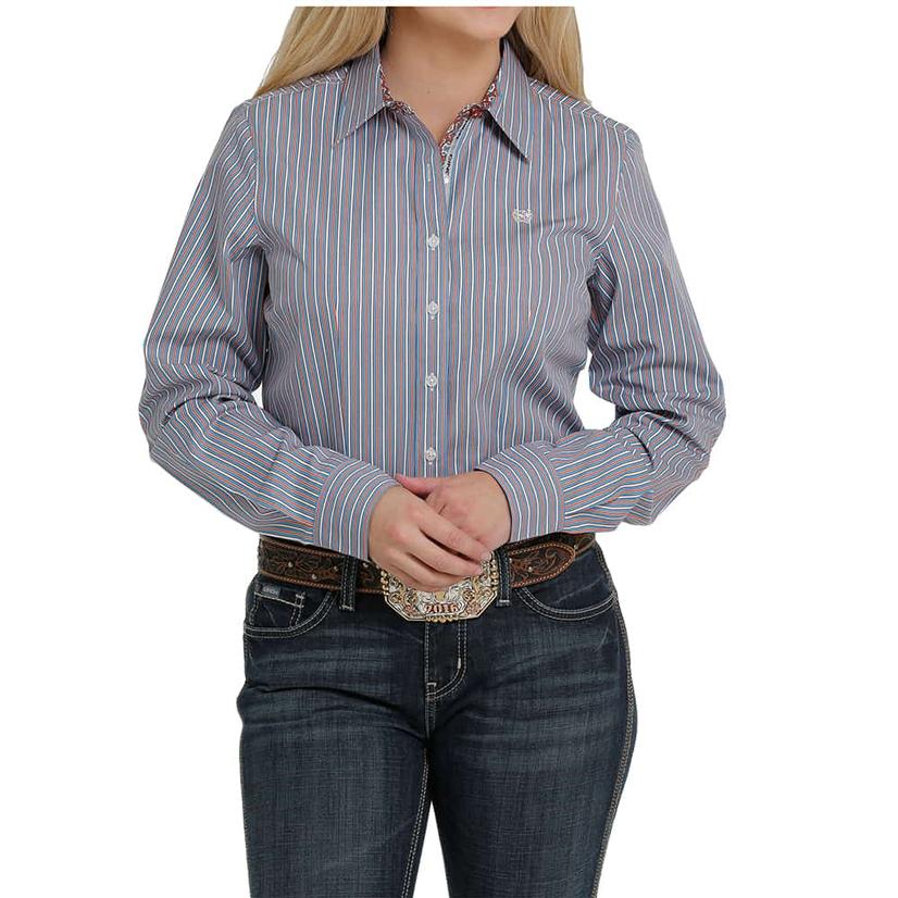  Cinch Striped Contrast Long Sleeve Buttondown Women's Shirt