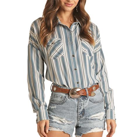 Rock & Roll Cowgirl Blue White Strip Long Sleeve Buttondown Women's Shirt
