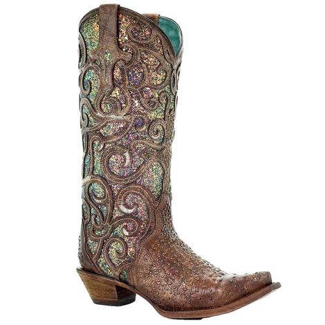 Corral Cognac Purple Glitter Inlay and Studs Women's Boots