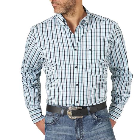 Wrangler 20X Performance White Blue Plaid Long Sleeve Buttondown Men's Shirt