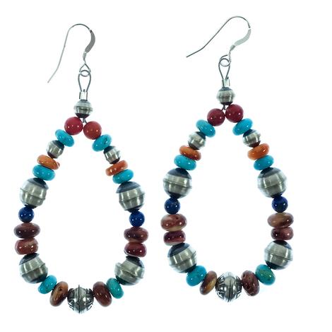 South Texas Tack Coral, Spiny, Turquoise, Lapis, and Oxidized Bead Teardrop Earrings 