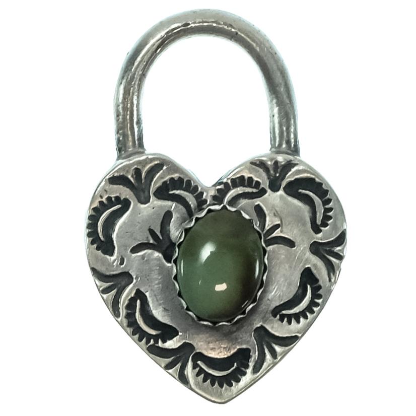  South Texas Tack Sterling Silver Heart Lock With Green Stone Pendant