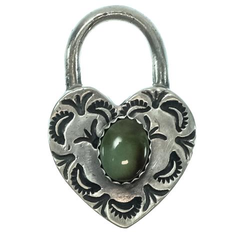 South Texas Tack Sterling Silver Heart Lock With Green Stone Pendant