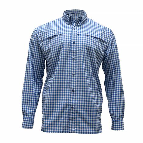 Xotic White And Blue Gingham Long Sleeve Button-Down Men's Shirt 