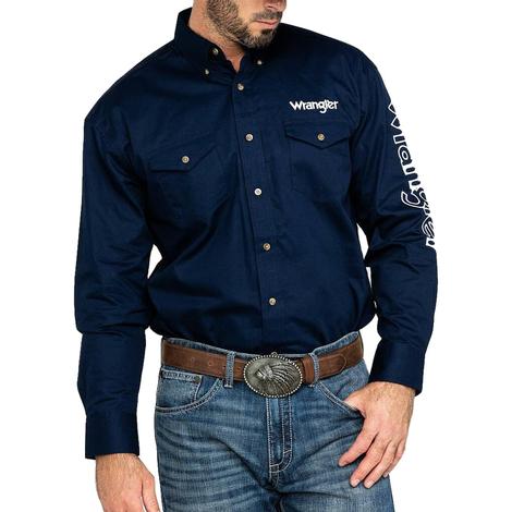 Wrangler Western Logo Navy Long Sleeve Buttondown Men's Shirt