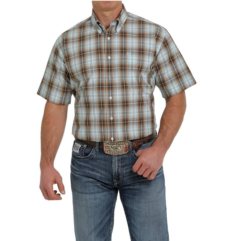  Cinch Brown And Blue Plaid Short Sleeve Buttondown Men's Shirt