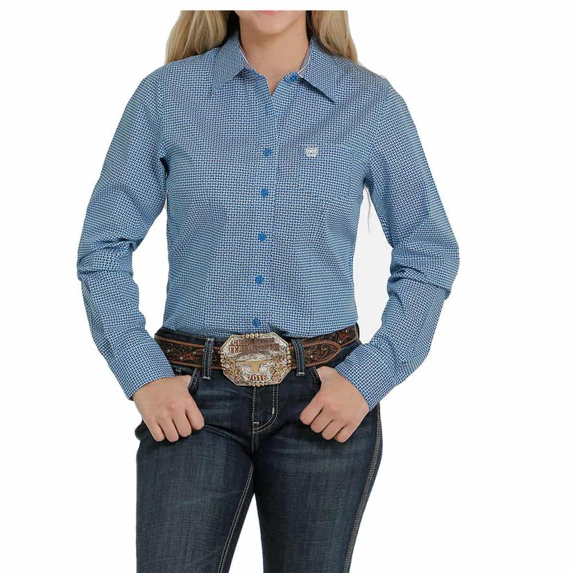  Cinch Blue Pattern Long Sleeve Buttondown Women's Shirt