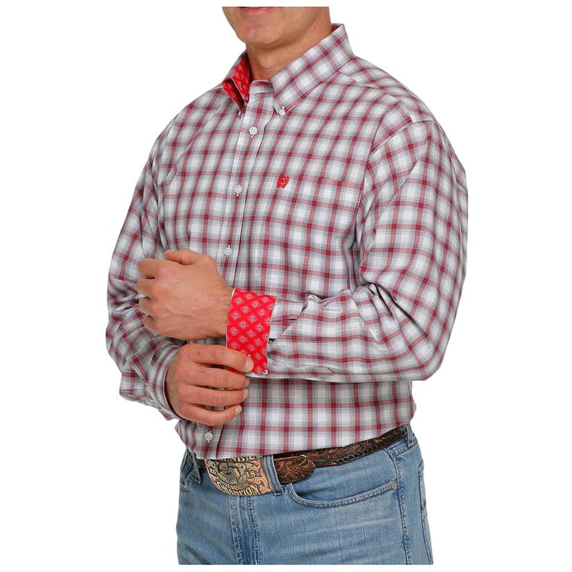 Cinch Red And White Plaid Long Sleeve Buttondown Men's Shirt
