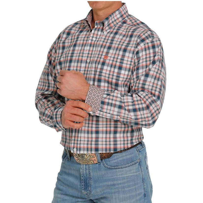  Cinch Coral Plaid Long Sleeve Buttondown Men's Shirt