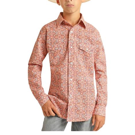Rock & Roll Orange Medallion Snap Long Sleeve Boy's Shirt