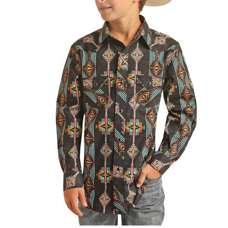 Rock & Roll Boy's Black Aztec Long Sleeve Snap Shirt