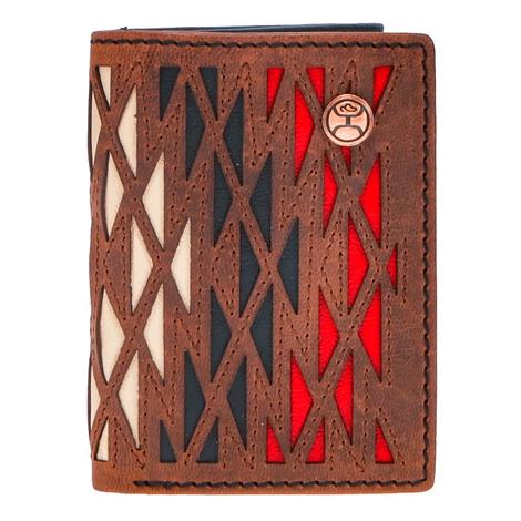 Hooey Laser Cut Aztec Print Leather Trifold Wallet with Black Red Ivory Inlay