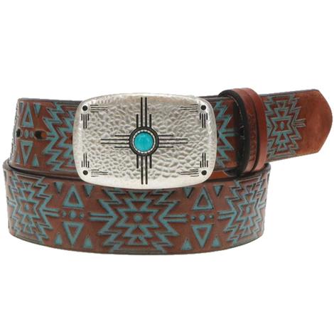 Hooey Thunderbird Leather Belt with Turquoise Aztec Emboss Women's Belt 