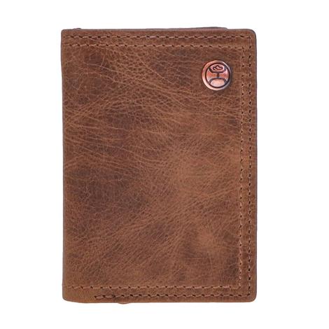 Hooey Smooth Brown Trifold Wallet with Brown Double Stitched Edge