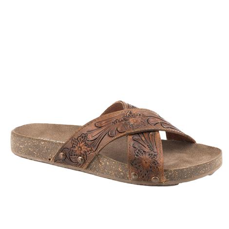 Roper Tan Delaney Hand Tooled Leather Strappy Women's Sandals 