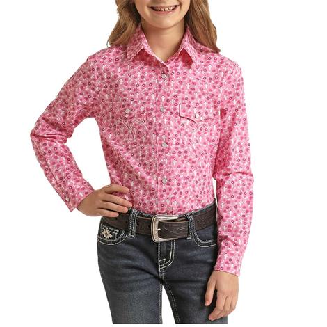 Rock And Roll Pink Floral Cactus Long Sleeve Snap Girl's Shirt