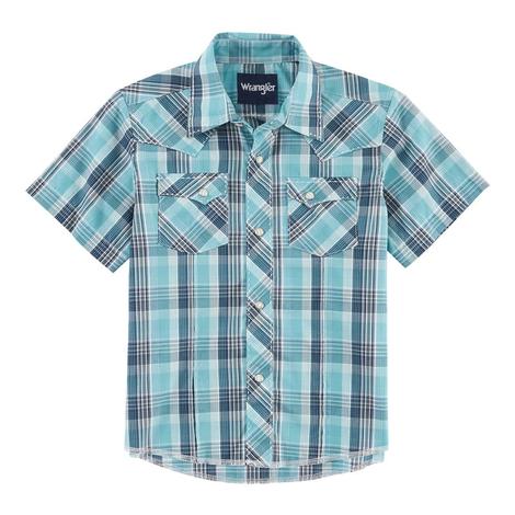 Wrangler Blue Plaid Short Sleeve Snap Boy's Shirt 