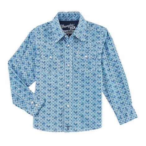 Wrangler Blue Print 20X Long Sleeve Snap Boy's Shirt 