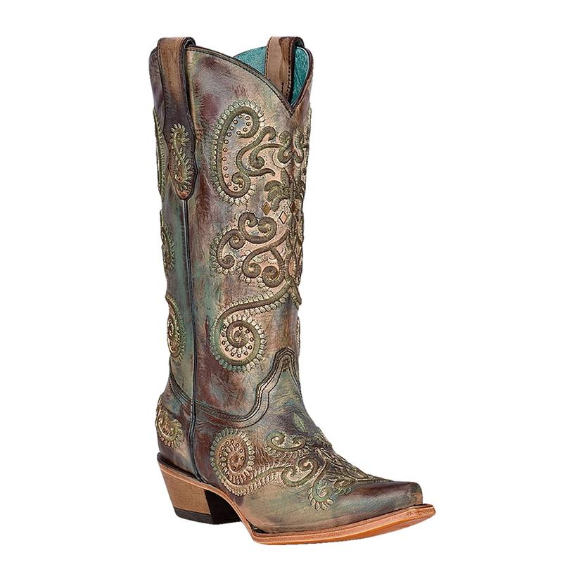  Corral Boots Women's Turquoise Brown Embroidery & Stud Handpainted Boots