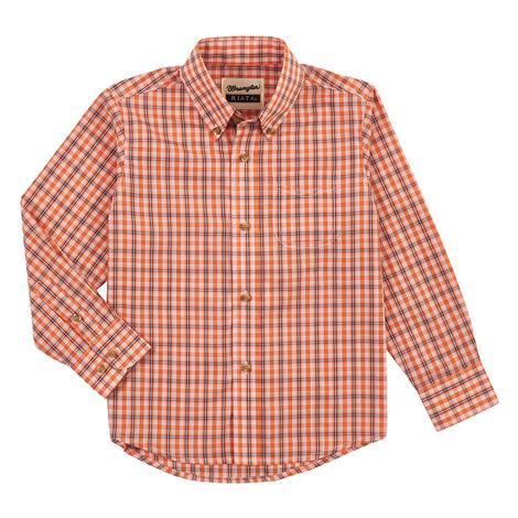 Wrangler Riata Blue or Orange Plaid Long Sleeve Buttondown Boy's Shirt