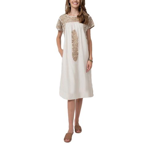 Sister Mary Khaki Stripe Short Sleeve Embroidered Women's Dress 