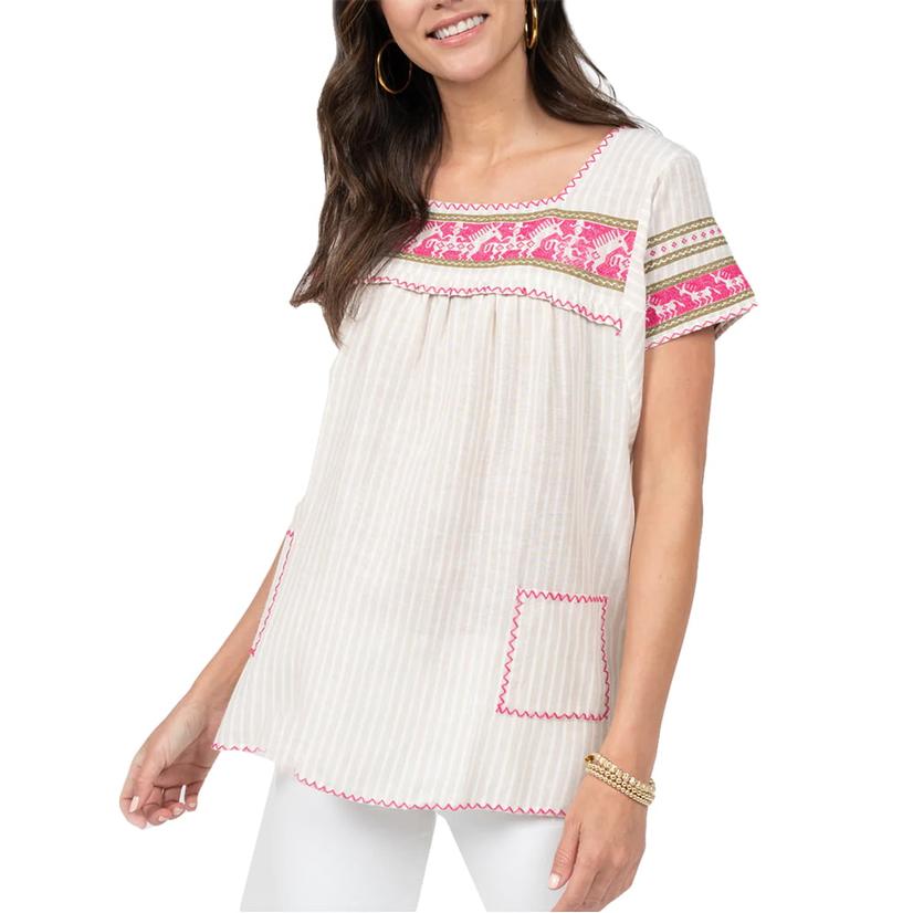  Sister Mary Khaki Stripe Short Sleeve Embroidered Women's Top