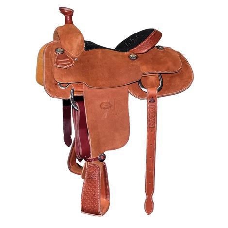 STT Chestnut Roughout Windmill Tool Cantle and Stirrups Black Stitched Team Roping Saddle