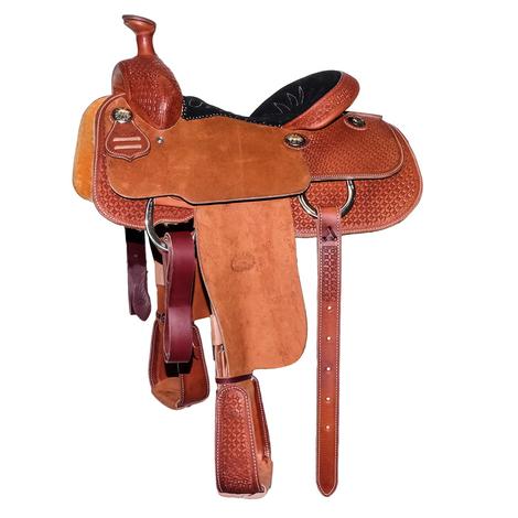 STT Half Chestnut Roughout Half Waffle Tool with Black Stitched Seat Team Roping Saddle