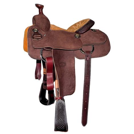 STT Chocolate Roughout English Tan Suede Seat and Windmill Tool Cantle and Stirrups Team Roping Saddle