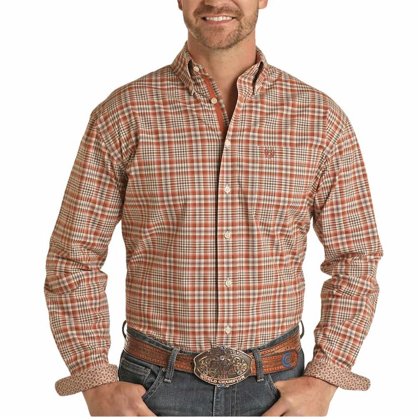  Panhandle Orange Plaid Button- Down Long Sleeve Men's Shirt